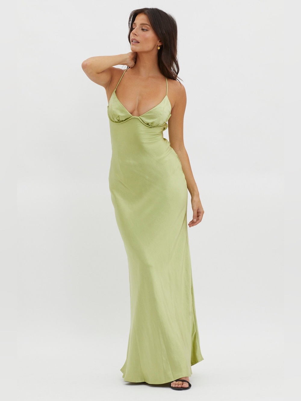 Selfie Leslie Alora Tie Back Satin Maxi Dress Olive Green Size M NWT